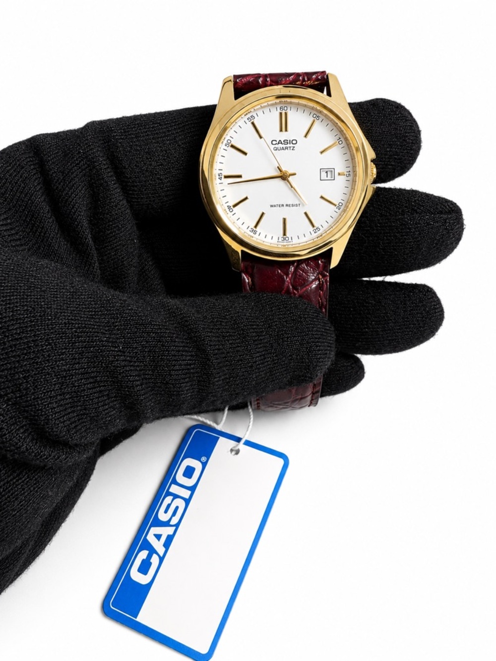 Casio Gold-Tone Case White Dial Watch with Burgundy Leather Strap